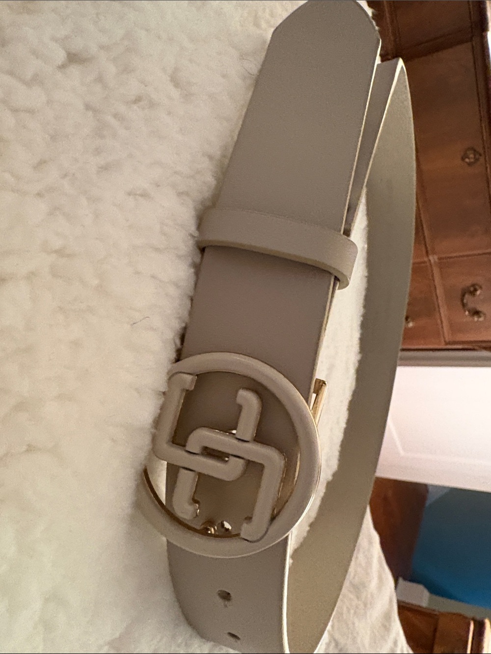 Chico's Light Taupe Leather Belt with Gold Logo Buckle